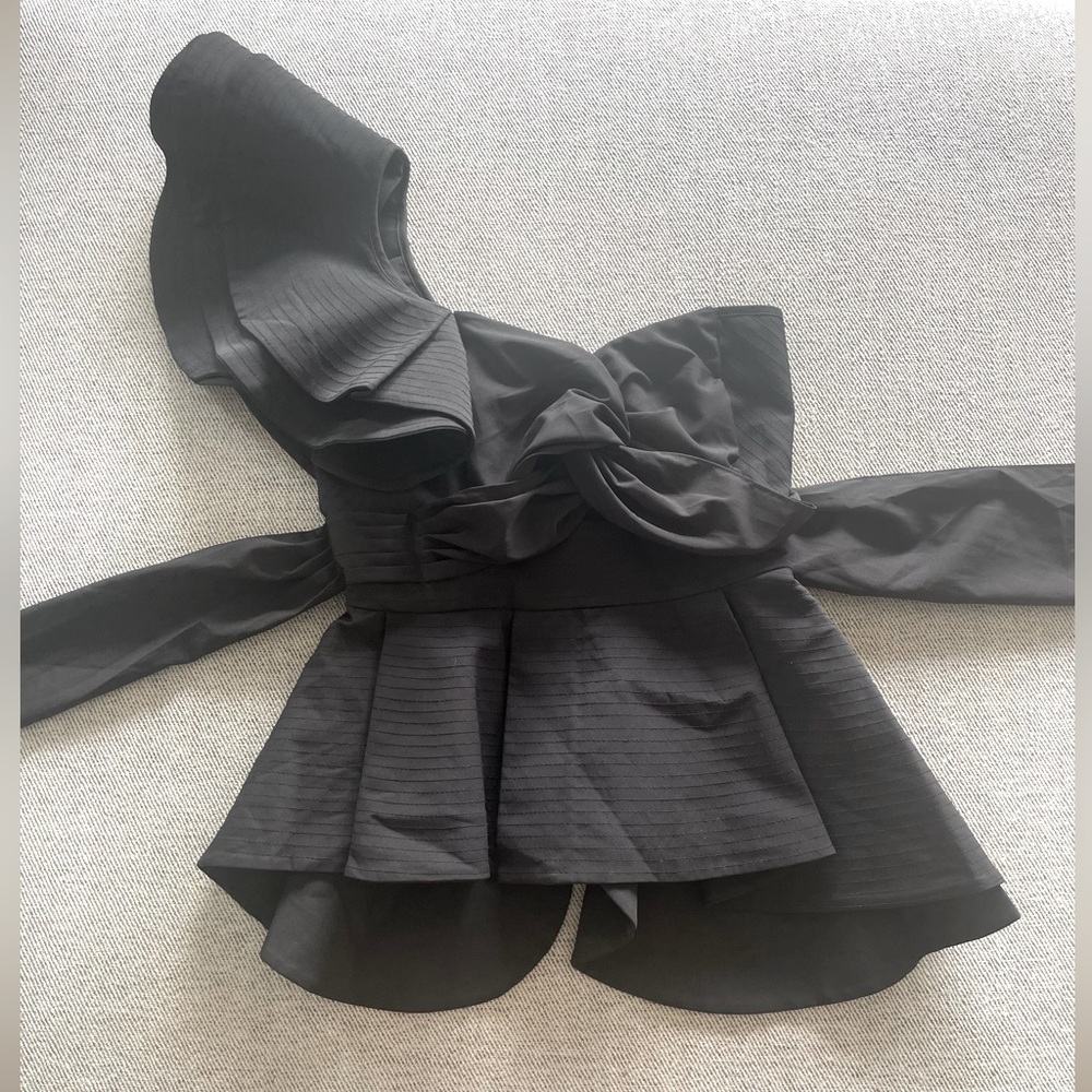 Beautiful one shoulder black bustier ruffle top with tie in back and cross front